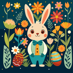 Easter bunny with flowers and eggs. Rabbit with folk flower elements.