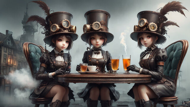Tree steampunk girls drinking tea