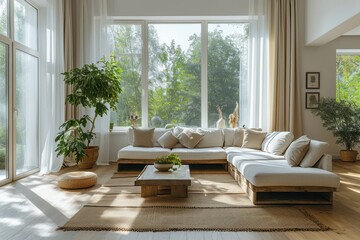 A cozy and airy living room bathed in natural sunlight, featuring large windows, a comfortable white sectional sofa, and indoor plants.