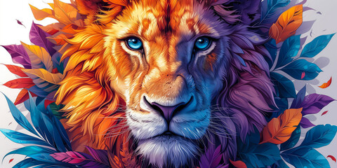 Colorful portrait of a lion in the style of detailed botanical illustrations. T-shirt design concept. Cartoon, exotic atmosphere, white background.