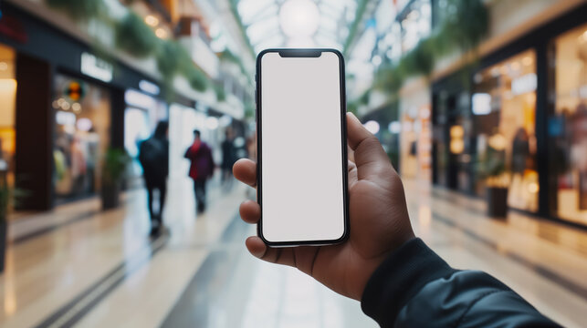 Smartphone blank screen mock up in male hand in shopping center, selective focus. Mobile phone with isolated white screen. Vertical Banner