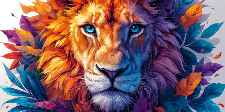 Colorful portrait of a lion in the style of detailed botanical illustrations. T-shirt design concept. Cartoon, exotic atmosphere, white background.