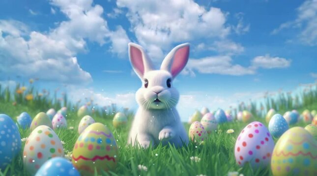 a cute white rabbit standing beside colorful hand painted eggs in green grass yard with clear blue sky easter egg day background animation