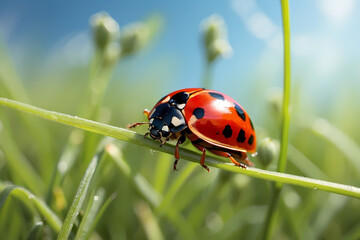 Detailed close-up of a ladybug perched on a blade of grass in a meadow. 