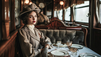 An elegant woman in the Orient Express train restaurant
