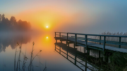 Fototapeta na wymiar A misty morning over the lake with an old wooden bridge