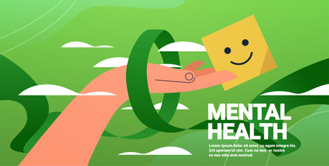 human hand holding sticker with happy smile emotions mental health awareness month banner copy space horizontal