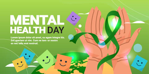 hands holding green ribbon stickers with different emotions mental health awareness month banner copy space horizontal