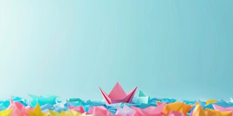 Setting Sail. A Bright Pink Paper Boat Stands Out Among Colorful Ones on a Light Blue Background, Symbolizing Diversity.