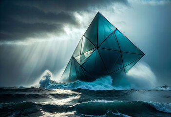 Obraz premium giant blue glass pyramid is half submerged in the ocean, surrounded by crashing waves and illuminated by a beam of sunlight breaking through the clouds.