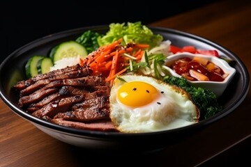 Delicious and appetizing south korean bibimbap. mixed rice with fresh vegetables and flavorful meat