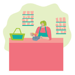 The cashier at the counter issues a check, the shop assistant sells the goods