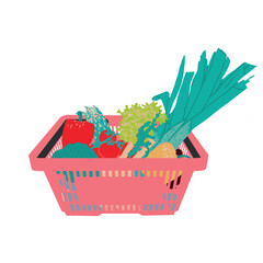Food basket with peppers, tomatoes, lettuce, leeks, broccoli and fennel. Full shopping cart.
