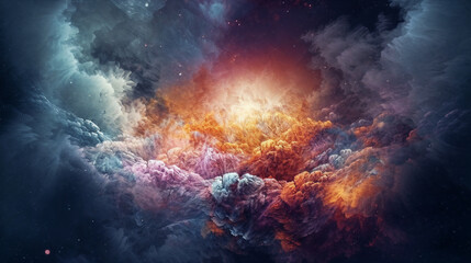 Fototapeta premium a colorful, abstract image of clouds and stars in the sky with a bright light in the center of the image, generative ai