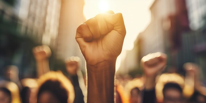 Fists of Unity. Pacifist Protesters Rallying Against Racism, Demanding Justice with Unfocused Background.
