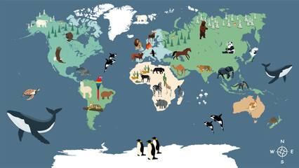 Animals world map.  oceans and continents.Asia, South America, North America, Australia, Africa. vector illustration.
