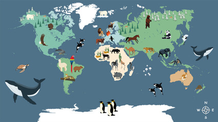 Animals world map.  oceans and continents.Asia, South America, North America, Australia, Africa. vector illustration.  © Nikhom
