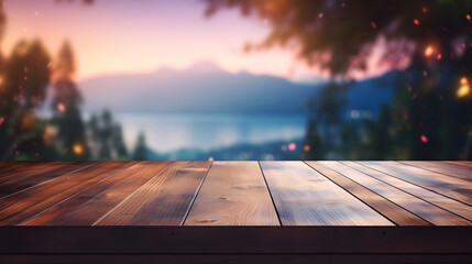 Wooden table fronting a serene lake and mountain view at sunset, pink and purple hues, table mockup