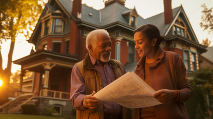 Smiling African American couple holding blueprints in front of house during sunset