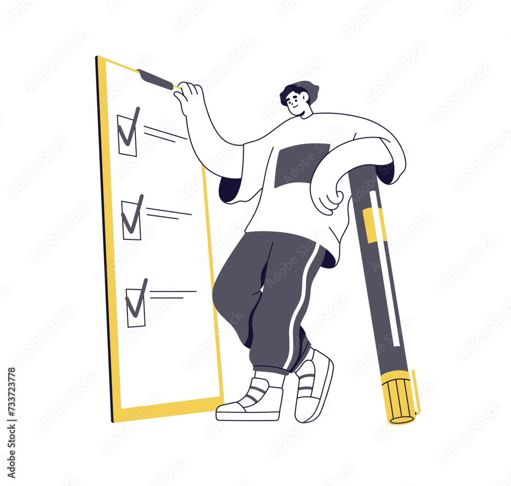 Aufkleber Ticking checkmarks, filling paper survey, questionnaire, poll form. Character marking tasks done with checkboxes in checklist on clipboard. Flat vector illustration isolated on white background