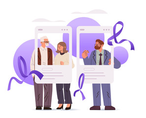 people in social media photo post with purple ribbon world cancer day breast disease awareness prevention poster 4 february