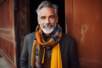 Portrait of a handsome senior man with a gray beard, wearing a yellow scarf and a shawl.