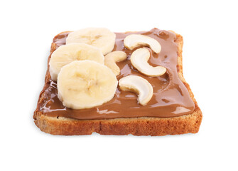 Toast with tasty nut butter, banana slices and cashews isolated on white