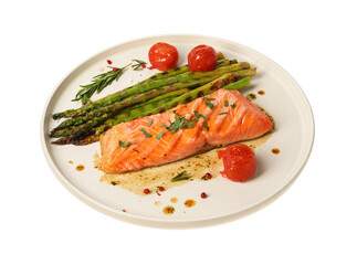 Tasty grilled salmon with tomatoes, asparagus and spices isolated on white