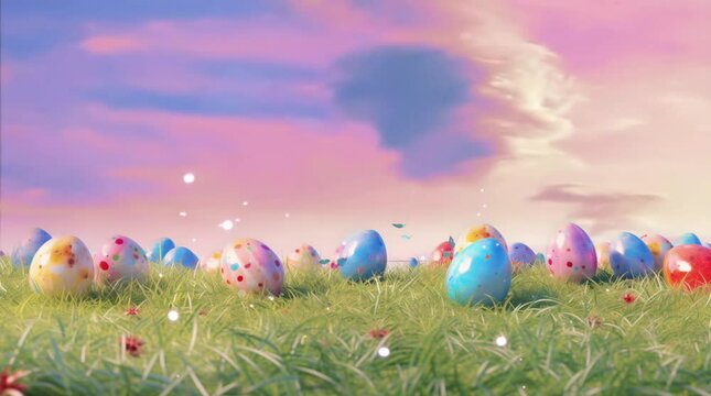 colorful hand painted eggs in the middle of green grass yard with clear blue sky easter egg day background animation