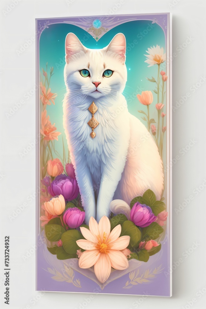 Sticker AI generated illustration of a white feline in front of colorful spring flowers