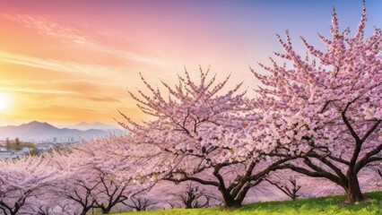 Pink cherry blossom petals dance under the blue sky