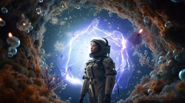 Astronaut girl standing by the portal in futuristic space exploration adventure Seamless looping 4k time-lapse virtual video animation background. Generated AI