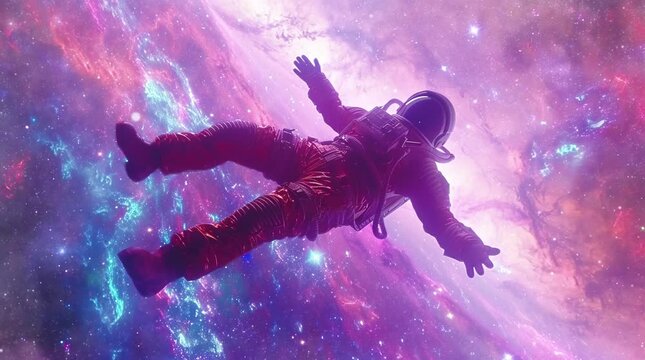 Astronaut Floating Above Radiant Energy Sky: Cosmic Serenity Seamless looping 4k time-lapse virtual video animation background. Generated AI