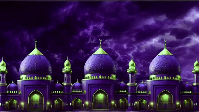 Mosque building background at night with eccentric magic purple clouds. 
