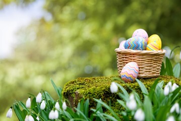 Color Easter egg. On green moss in forest