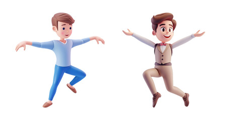 Fototapeta na wymiar 3D Happy Characters Jumping - Joyful Animated People in Casual Clothing on White Background