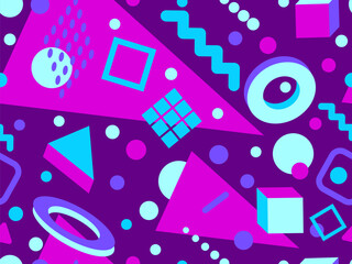 3D geometric seamless pattern in 80s style. 3d isometric triangles, zigzags and circles. Geometric memphis style. Design for promotional products, wrapping paper and printing. Vector illustration