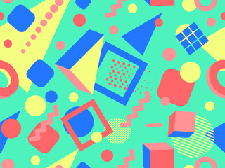3D geometric seamless pattern in 80s style. 3d isometric triangles, zigzags and circles. Geometric memphis style. Design for promotional products, wrapping paper and printing. Vector illustration