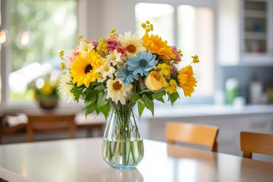Beautiful spring flowers bouquet in a vase on the table in the kitchen . Sunny spring day.
