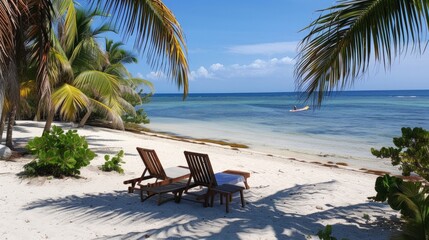 Beach view, palm trees and beach chairs on sand, pure water, breathtaking view