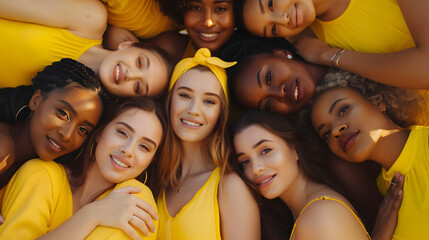 Photo of a diverse group of women in yellow outfits embracing