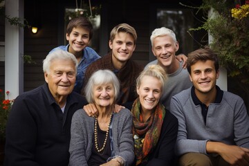Fototapeta premium Multi-Generation Family Portrait: Smiling on Porch