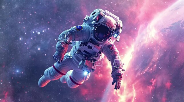 Astronaut Floating Amidst Celestial Galaxies: A Dance in the Cosmos Seamless looping 4k time-lapse virtual video animation background. Generated AI