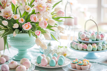 An elegant Easter table setting featuring a bouquet of soft-hued pink tulips in a turquoise vase, a variety of pastel-colored decorated eggs.  Concept craftsmanship, celebration, family holidays.