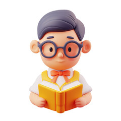 3D Illustration of a Studious Character Reading a Book on White Background