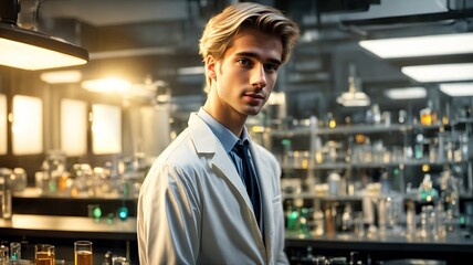 Young handsome scientist in a science laboratory. Cute scientist in a white coat against the background of scientific equipment. Researcher in the laboratory. Scientist chemist and physicist.