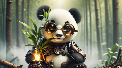 Giant steampunk panda eating bamboo