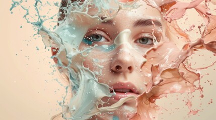 Face of a young woman in pastel colors paint splashes. Splashes of colored liquid around a female's head