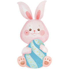 A little rabbit sits and hugs a big egg with watercolor.