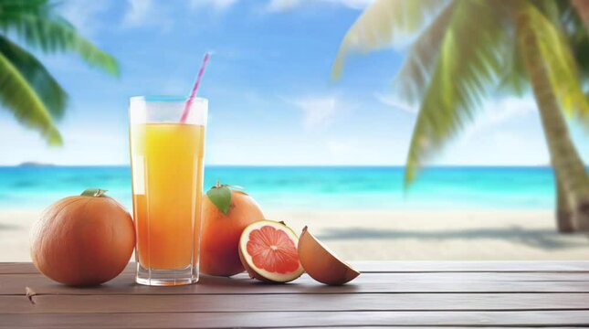 tropical fruit with glass of fruit juice on top of the wooden table with summer blue beach background animation